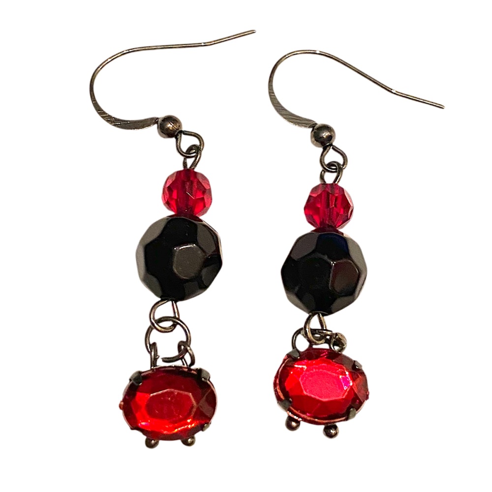 Red Black Rhinestone Dangle Earrings